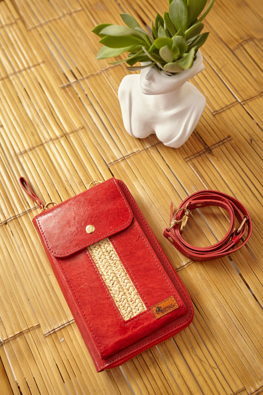 Sacoche porte feuille - porte portable rouge en véritable cuir de zébu et raphia de Madagascar - 100 % fait main - livraison gratuite