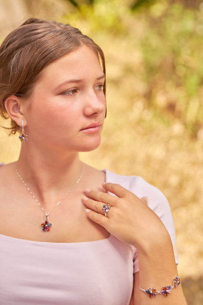 Parure de 1000 feux - pierres : citrine - quartz - améthyste - labradorine - chaîne en argent 999 - pendentif - bague - bracelet - boucles d'oreilles - livraison incluse