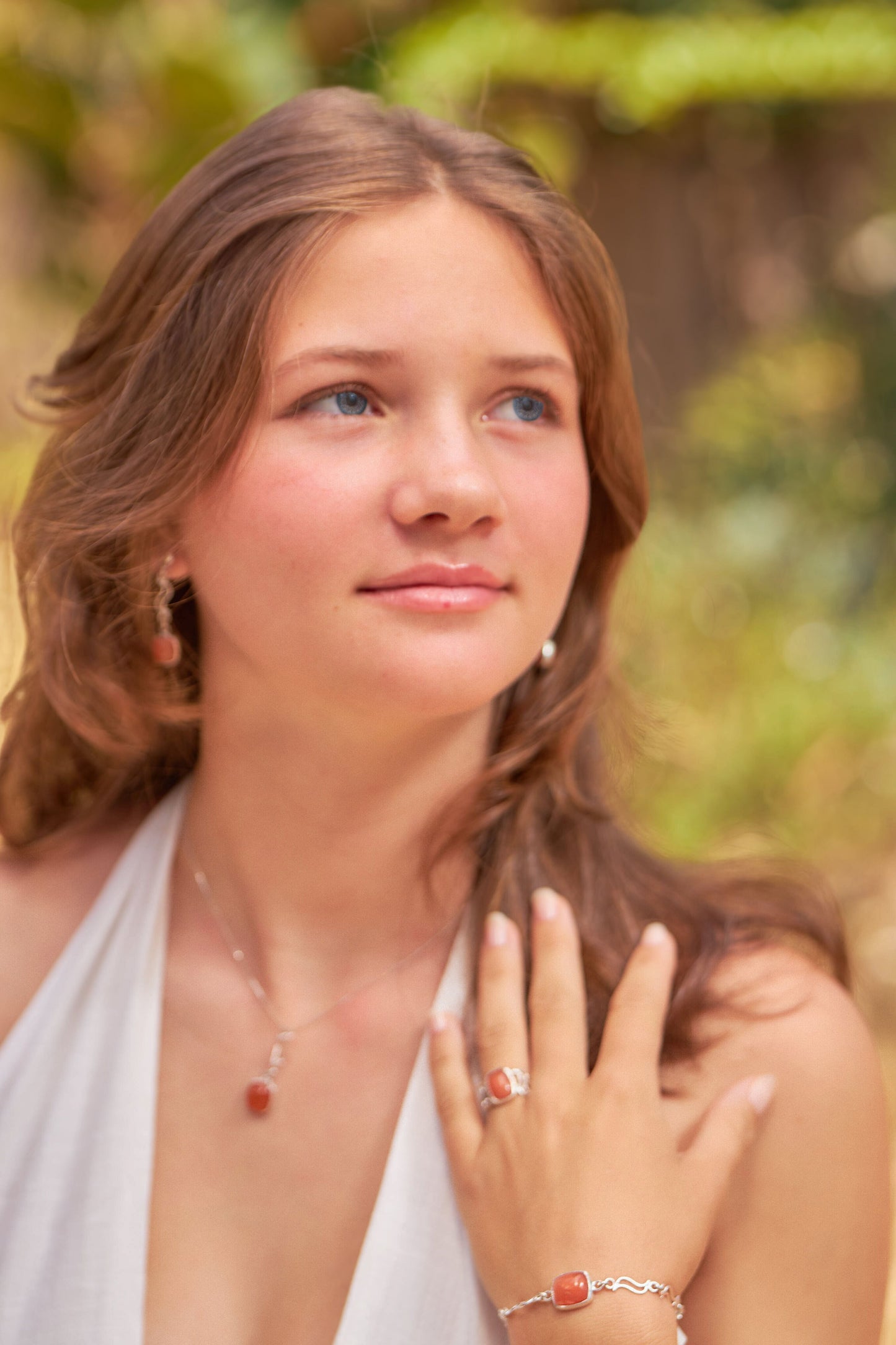 Parure de l'ange - pierre cornaline - chaîne en argent 999 - pendentif - bague - bracelet - boucles d'oreilles - livraison incluse